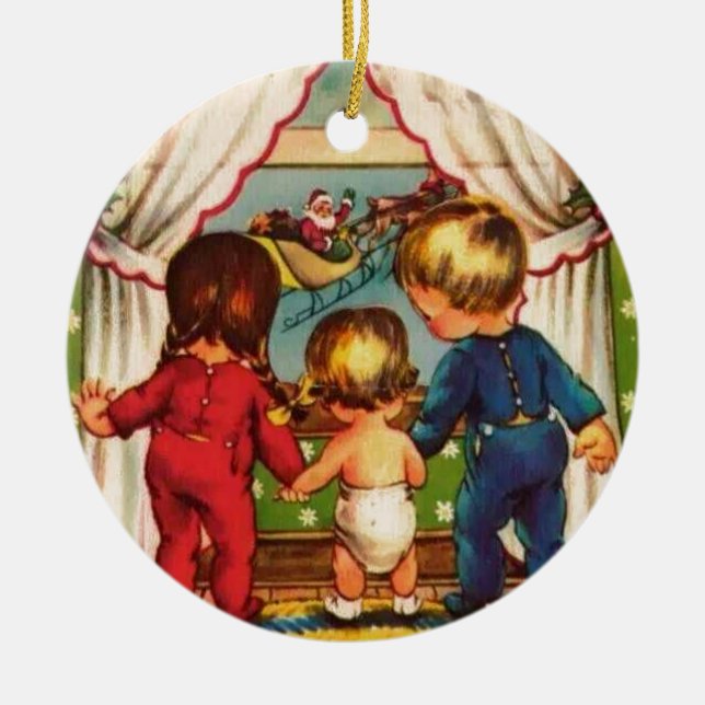 Vintage Children Watching Santa Ceramic Ornament (Front)
