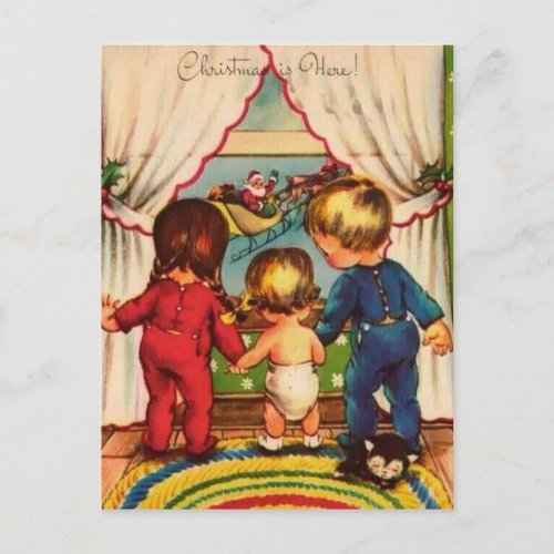 Vintage Children Watching Santa Holiday Postcard
