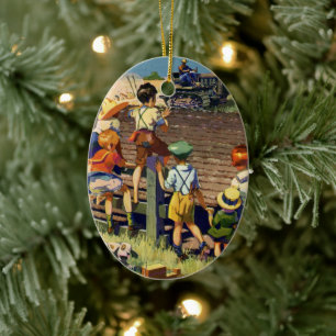Vintage Children Waving to Local Farmer on Tractor Ceramic Ornament
