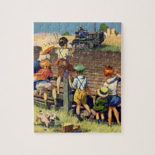 Vintage Children Waving to Local Farmer on Tractor Jigsaw Puzzle