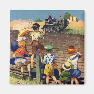 Vintage Children Waving to Local Farmer on Tractor Magnet