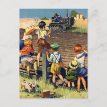 Vintage Children Waving to Local Farmer on Tractor Postcard