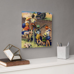 Vintage Children Waving to Local Farmer on Tractor Square Wall Clock