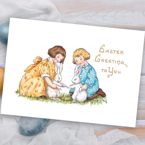 Vintage Children White Bunnies Easter Greeting Holiday Card