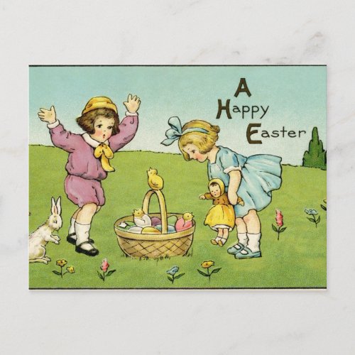 Vintage Children With Bunnies and a Basket Easter Postcard