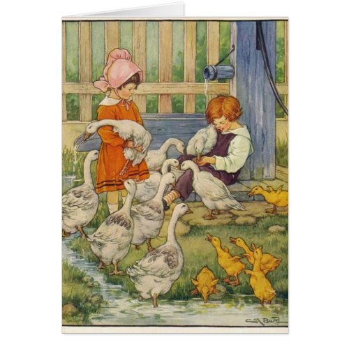 Vintage _ Children with Geese  Goslings