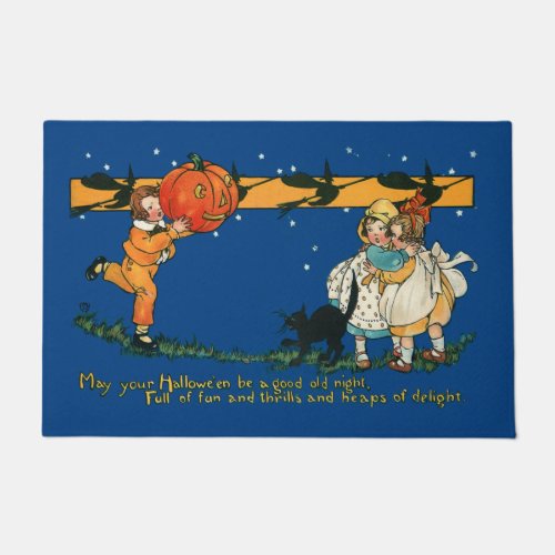 Vintage Children with Jack_O_Lantern and Black Cat Doormat