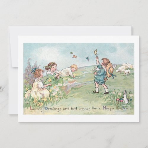 Vintage Children with Lambs and Easter Bunnies Holiday Card