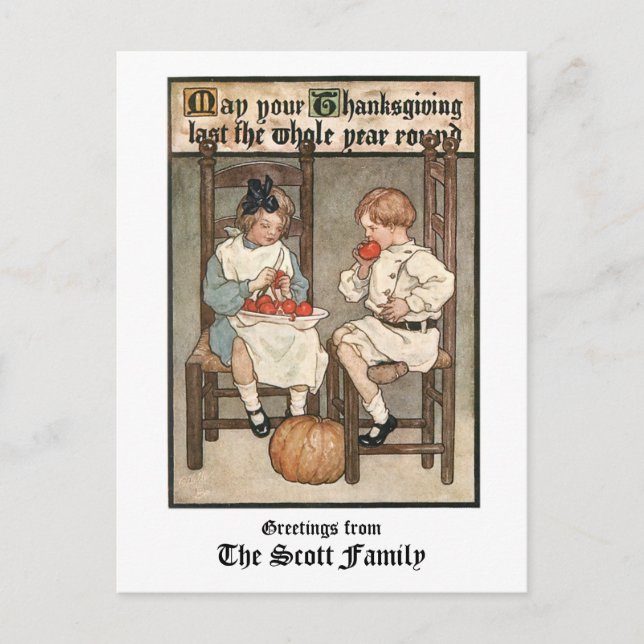 Vintage Children with Thanksgiving Greeting Holiday Postcard (Front)