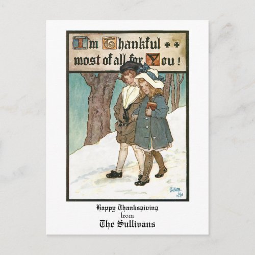 Vintage Children with Thanksgiving Greeting Holiday Postcard