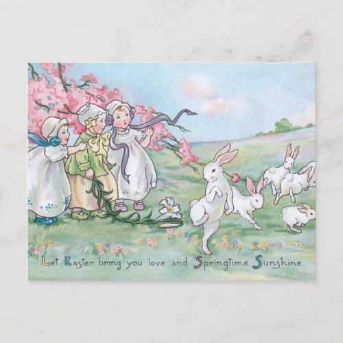 Vintage Children with White Easter Bunnies Postcard