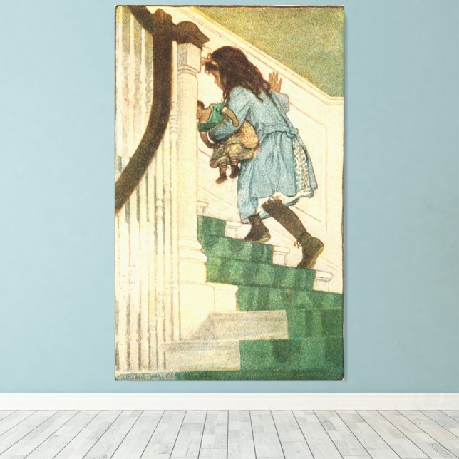 Vintage Children's Art Girl on Stairs Canvas Print (Insitu(Wood Floor))