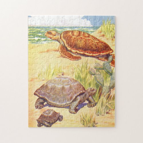 Vintage Childrens Book Illustration Turtles by Sea Jigsaw Puzzle