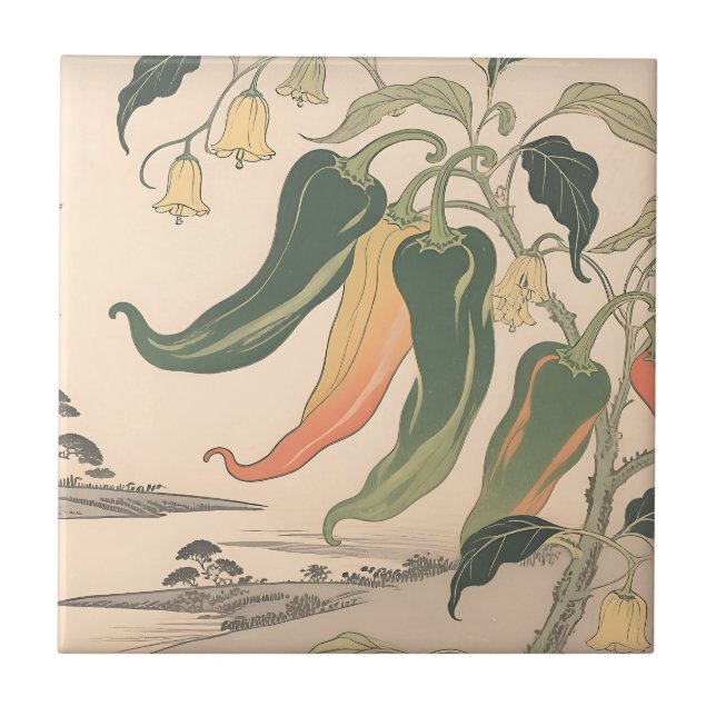 Vintage Chili Pepper Illustration Ceramic Tile (Front)
