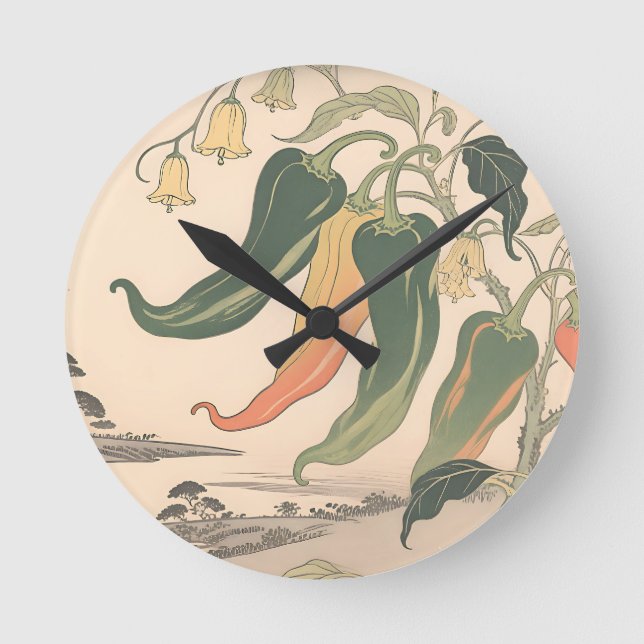 Vintage Chili Pepper Illustration Round Clock (Front)