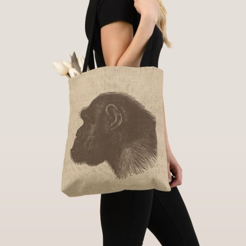 Vintage Chimpanzee Illustration on Burlap  Tote Bag