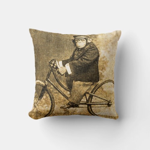Vintage Chimpanzee on a Bicycle Throw Pillow
