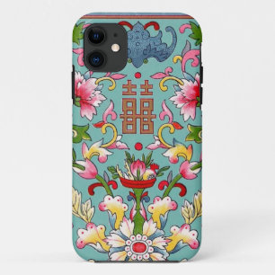 Vintage China Asian Bouquet Pink on Aqua Blue iPhone 11 Case