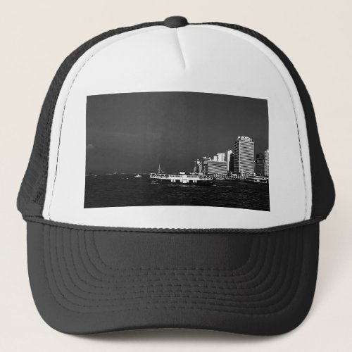 Vintage China Hong Kong boat skyscraper sea Post Trucker Hat