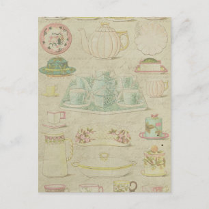 Vintage China Teacups Teapot Shabby Kitchen Decor Postcard