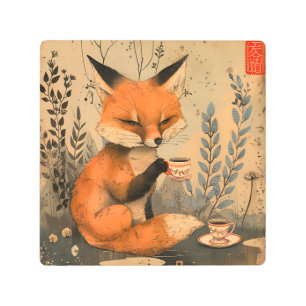 Vintage Chinese art cute fox with tea ceremony