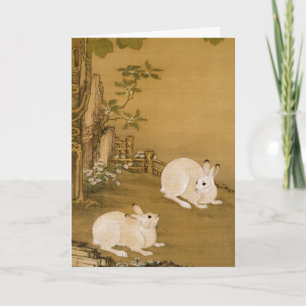 Vintage Chinese Art Two White Rabbits Painting Card