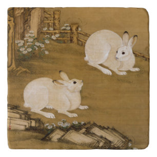 Vintage Chinese Art Two White Rabbits Painting Trivet