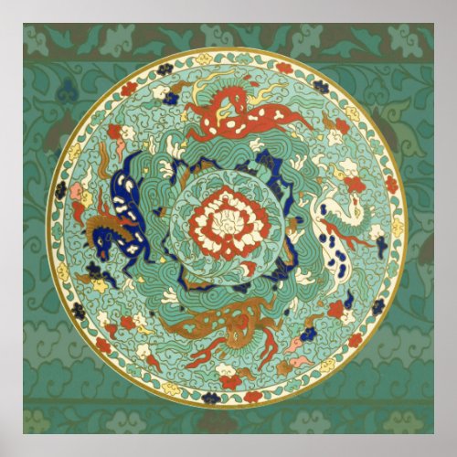 Vintage Chinese Blue Green Art Design Nature Poster