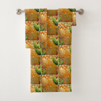 Vintage Chinese Cactus & Geometric Motif Bath Towel Set