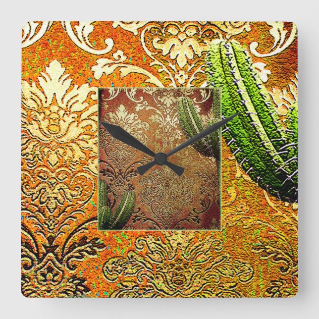 Vintage Chinese Cactus & Geometric Motif Square Wall Clock (Front)