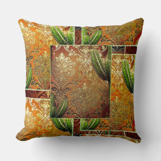 Vintage Chinese Cactus & Geometric Motif Throw Pillow