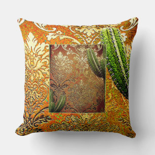 Vintage Chinese Cactus & Geometric Motif Throw Pillow
