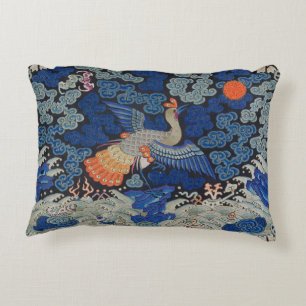 Vintage Chinese Crane Pattern: Imperial Blue Accent Pillow