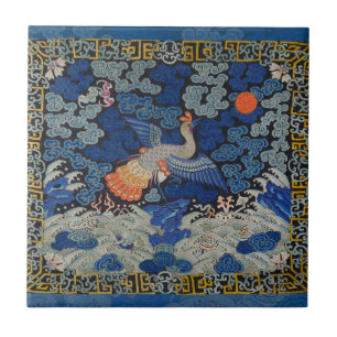 Vintage Chinese Crane Pattern: Imperial Blue Ceramic Tile