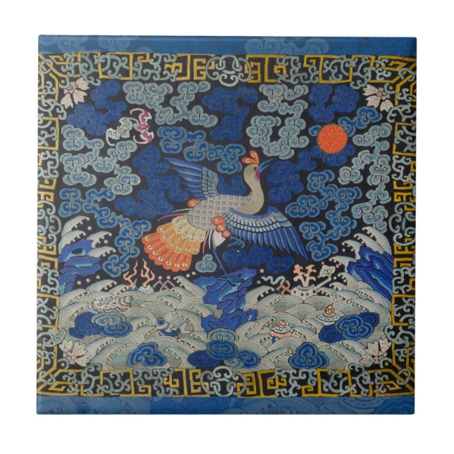 Vintage Chinese Crane Pattern: Imperial Blue Ceramic Tile (Front)