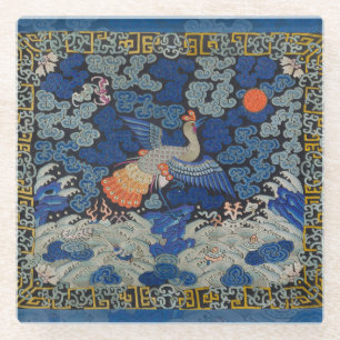 Vintage Chinese Crane Pattern: Imperial Blue Glass Coaster
