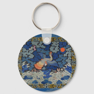 Vintage Chinese Crane Pattern: Imperial Blue Keychain