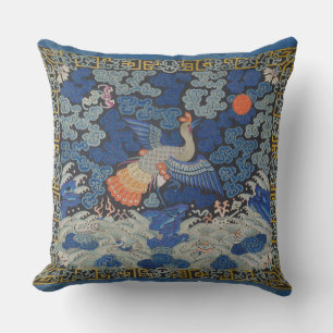 Vintage Chinese Crane Pattern: Imperial Blue Outdoor Pillow