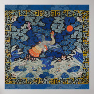 Vintage Chinese Crane Pattern: Imperial Blue Poster