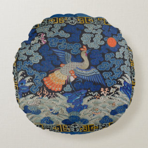 Vintage Chinese Crane Pattern: Imperial Blue Round Pillow