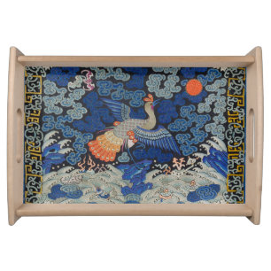 Vintage Chinese Crane Pattern: Imperial Blue Serving Tray