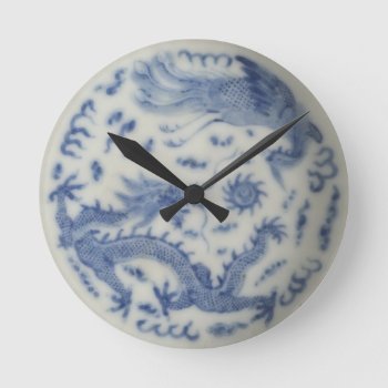 Vintage Chinese Dragon Monaco Blue Chinoiserie Round Clock by iBella at Zazzle