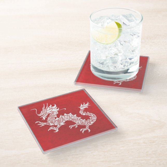 Vintage Chinese Dragon Tribal Emblem Red Glass Coaster (Angled)
