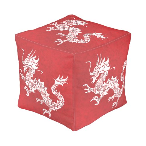Vintage Chinese Dragon Tribal Emblem Red Pouf