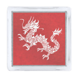Vintage Chinese Dragon Tribal Emblem Red Silver Finish Lapel Pin