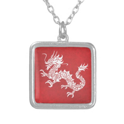 Vintage Chinese Dragon Tribal Emblem Red Silver Plated Necklace