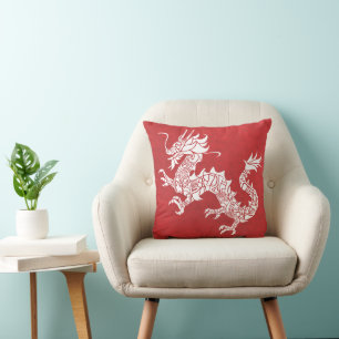 Vintage Chinese Dragon Tribal Emblem Red Throw Pillow