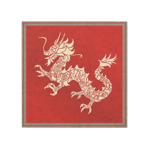 Vintage Chinese Dragon Tribal Emblem Red Wood Wall Art