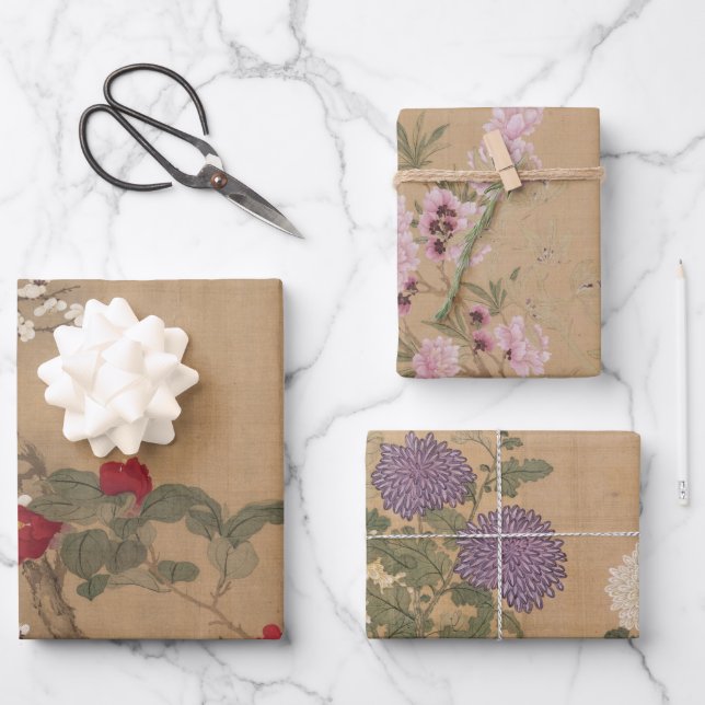 Vintage Chinese Floral Art Wrapping Paper Sheets (Front)
