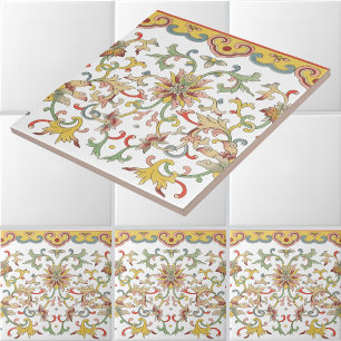 Vintage Chinese Floral Foliage Frieze Pattern Ceramic Tile